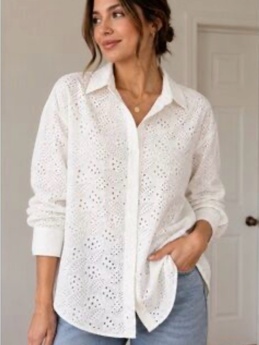 Zara White Eyelet Button-Down Shirt